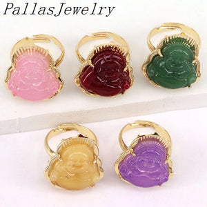 Carved Crtystal Quartz Stone Buddha Bless Happy Ring Men Women Jewelry