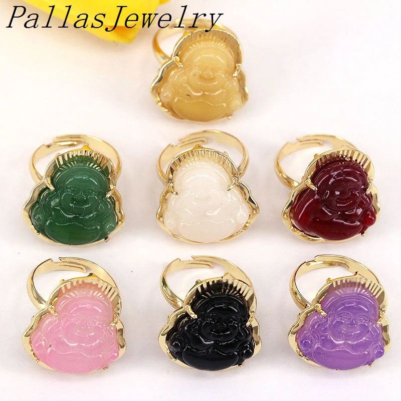 Carved Crtystal Quartz Stone Buddha Bless Happy Ring Men Women Jewelry