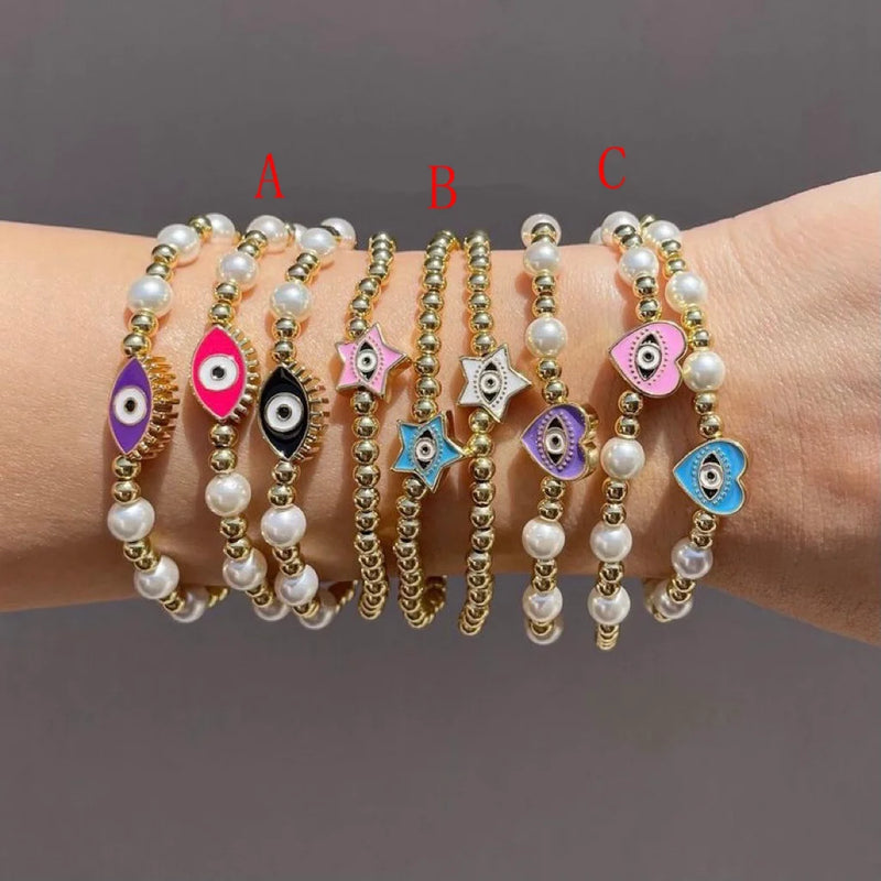 5Pcs Enamel Eye Star Heart Bracelet Copper Beads 18K Plated Lovely Pearl Beads