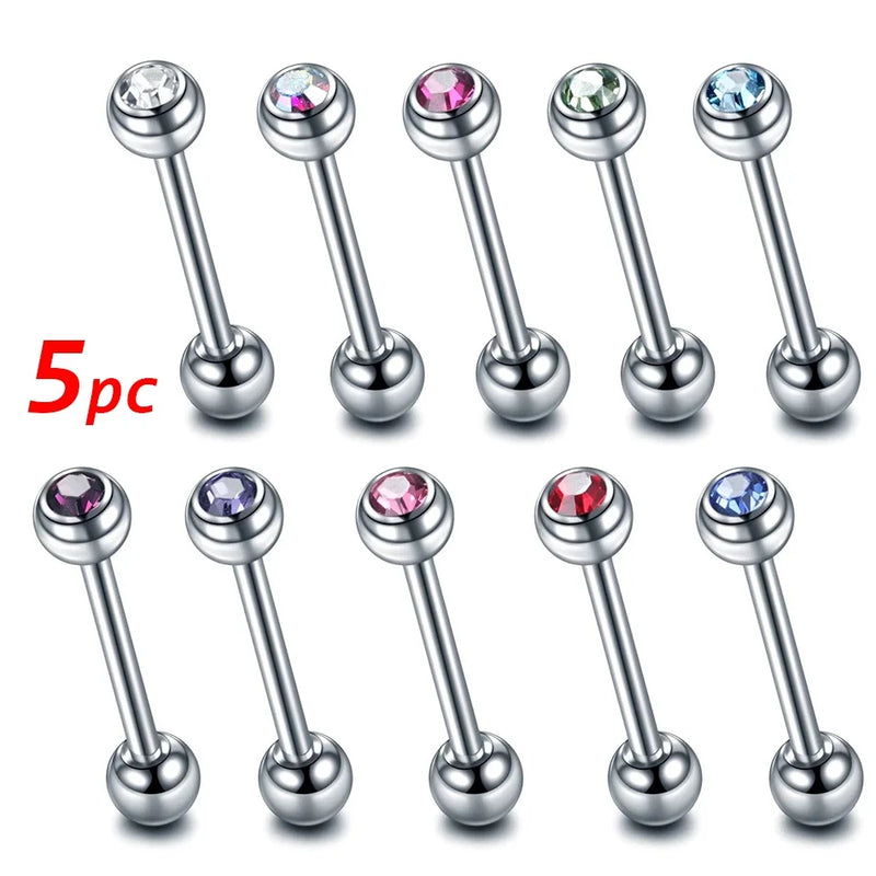 5Pcs Random Stainless Steel Tongue Studs Crystal Ball Tongue Nipple Bars