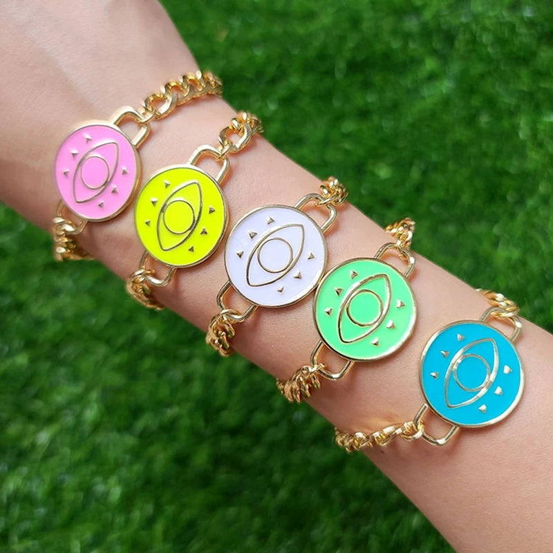 5Pcs Colorful Enamel Eye Boho Bracelet, Adjustable Link Chain Bracelet