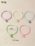 Boho Candy Bead Bracelet Set with Butterfly Pendant for Girls Sisters