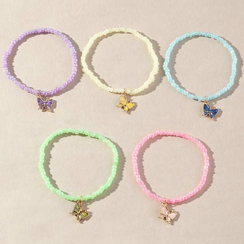 Boho Candy Bead Bracelet Set with Butterfly Pendant for Girls Sisters