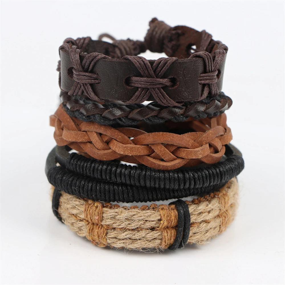 5Pcs Vintage Leather Adjustable Bracelet Mixed Style Jewelry