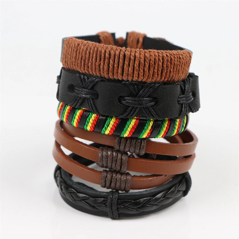 5Pcs Vintage Leather Adjustable Bracelet Mixed Style Jewelry