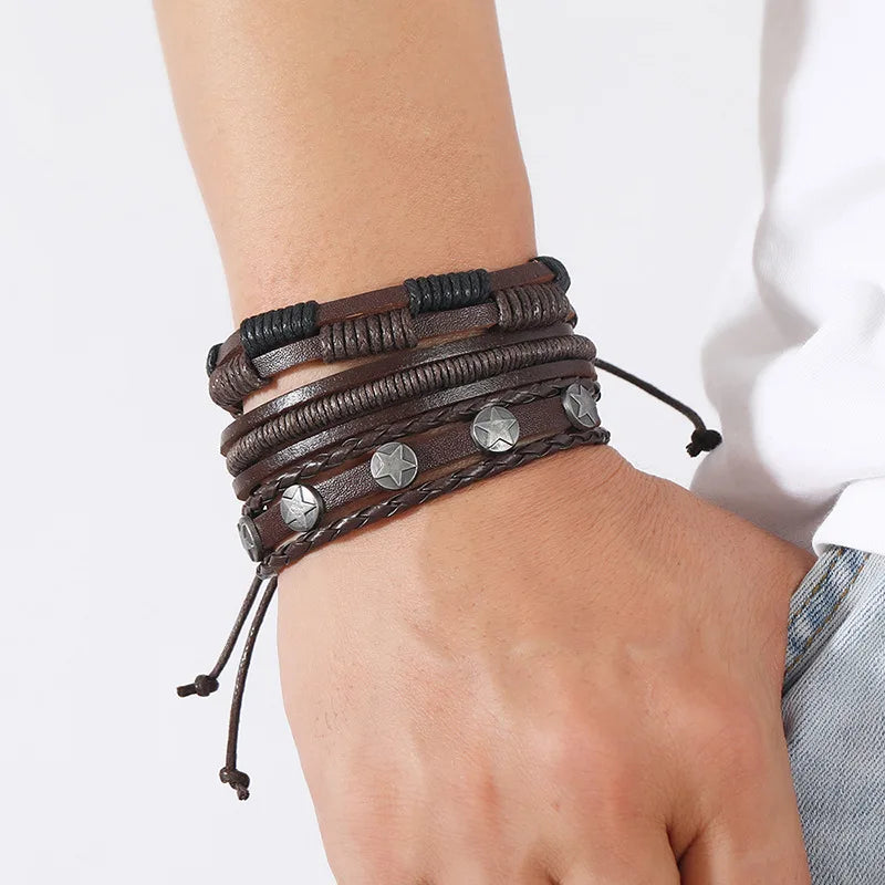 5Pcs Male Brown Leather Bracelets Ancient Silver Star Feather Bangles