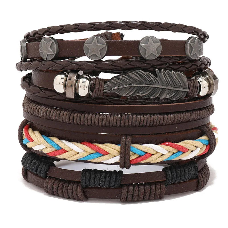 5Pcs Male Brown Leather Bracelets Ancient Silver Star Feather Bangles