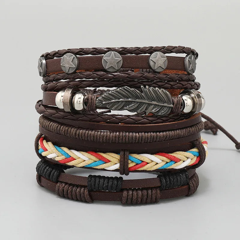 5Pcs Male Brown Leather Bracelets Ancient Silver Star Feather Bangles