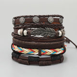 5Pcs Male Brown Leather Bracelets Ancient Silver Star Feather Bangles