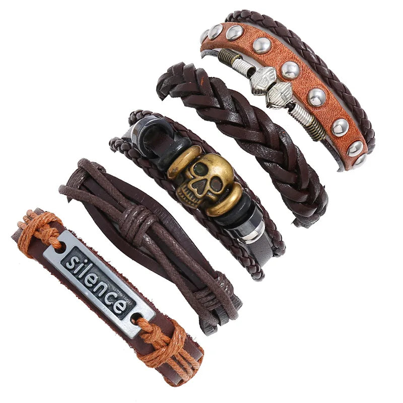 5Pcs Retro Braided Cowhide Bracelet Set