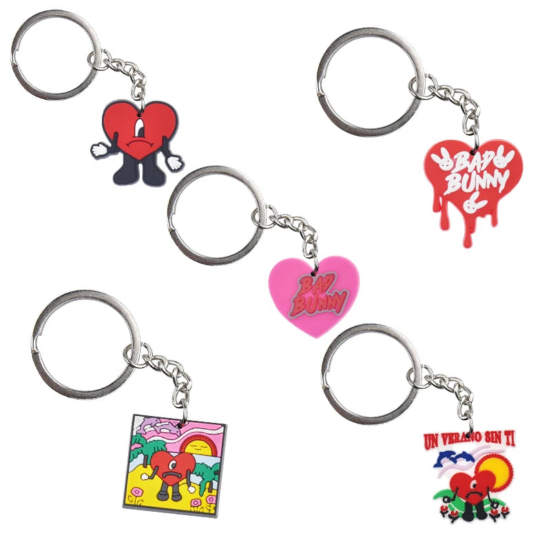 5Pcs Latin Singer Bad Bunny Rapper Heart PVC Keychain Pendant Bag Keyring