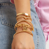 5Pcs/Set Punk Geometric Chain Bracelet Set Coin Pendant Cuff Bangles
