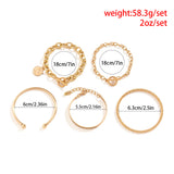 5Pcs/Set Punk Geometric Chain Bracelet Set Coin Pendant Cuff Bangles