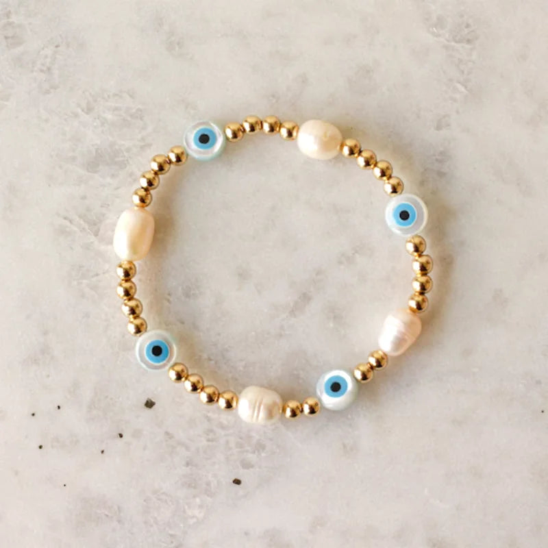 5Pcs Shell Evil Eye Bracelet Natural Pearl Elastic Bracelets