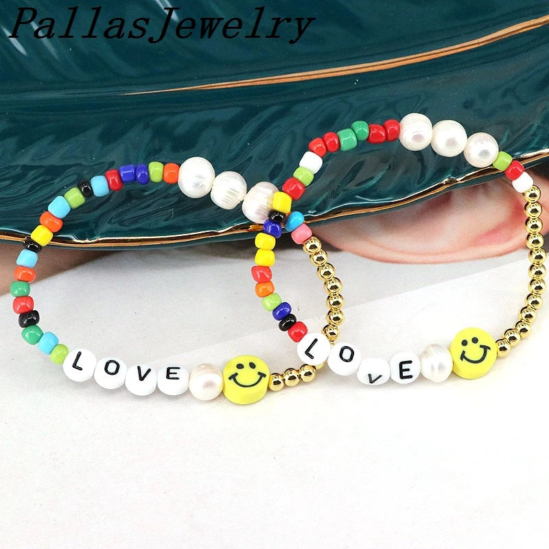 5Pcs Smile Face Bracelets Colorful Beaded Love Letter Bracelet for Women