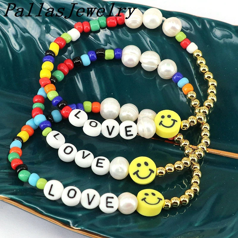 5Pcs Smile Face Bracelets Colorful Beaded Love Letter Bracelet for Women