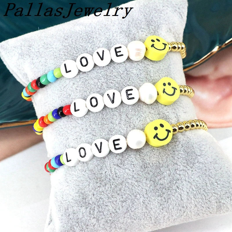 5Pcs Smile Face Bracelets Colorful Beaded Love Letter Bracelet for Women