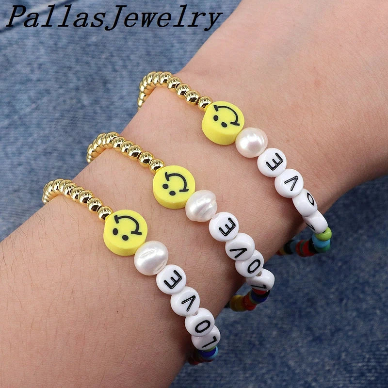 5Pcs Smile Face Bracelets Colorful Beaded Love Letter Bracelet for Women