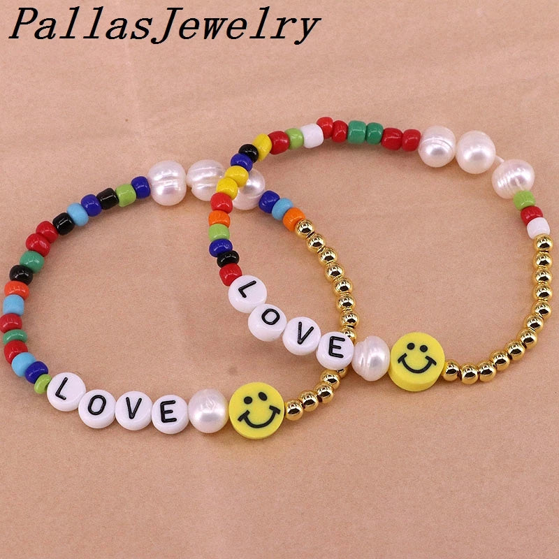 5Pcs Smile Face Bracelets Colorful Beaded Love Letter Bracelet for Women