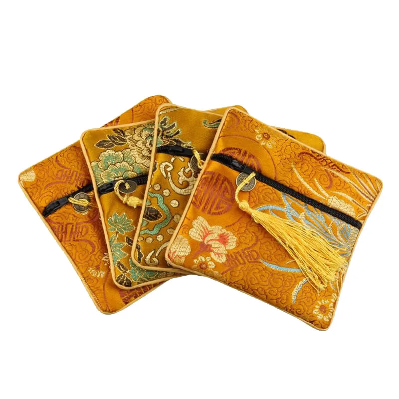 5Pcs Square Silk Jewelry Pouch Zipper Coins Tassel Party Favor Bag