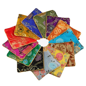 5Pcs Square Silk Jewelry Pouch Zipper Coins Tassel Party Favor Bag