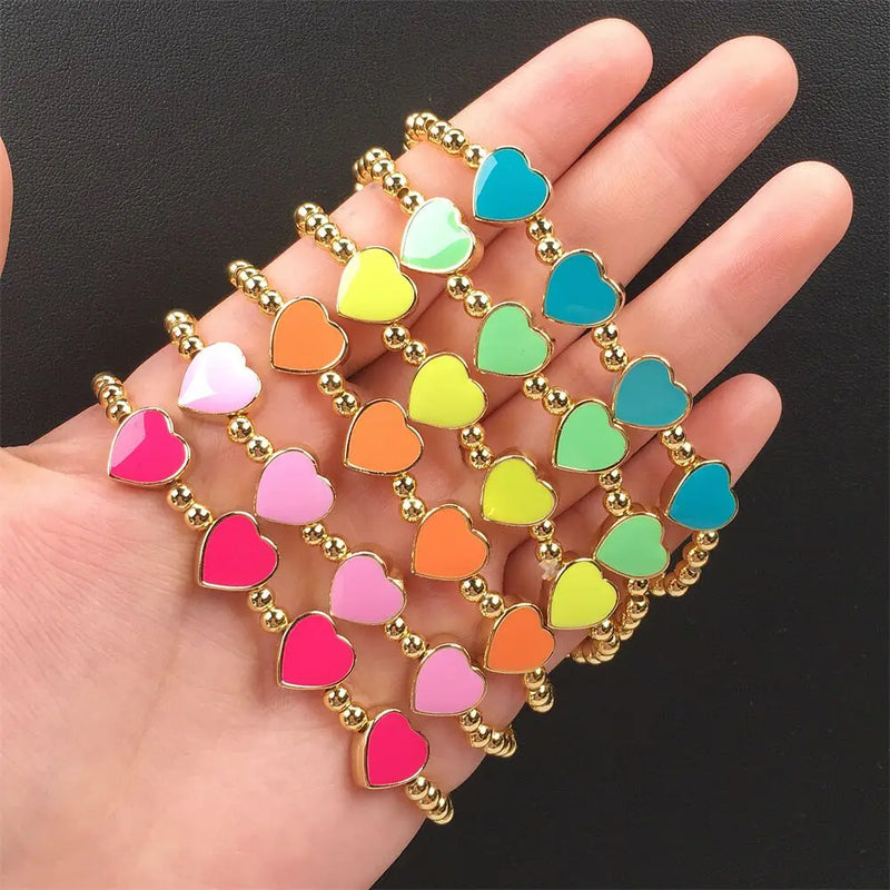 5Pcs Heart Shaped Enamel Charm Bracelet, Colorful Beads Bracelet for Women Girls