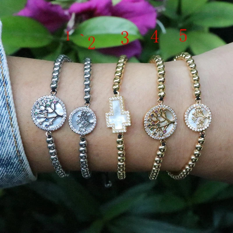 5Pcs Women Bracelet Micro Pave CZ Zircon Tree Cross Bead Braiding