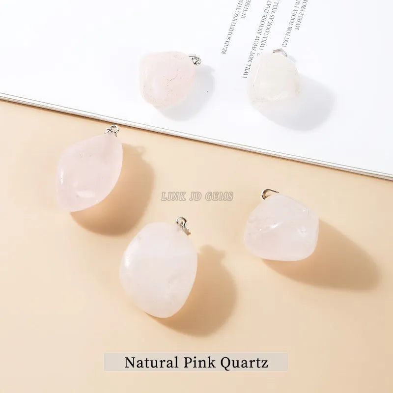 5Pcs Natural Stone Pink Quartz Rough Polished Pendant Amethysts Crystal Charms