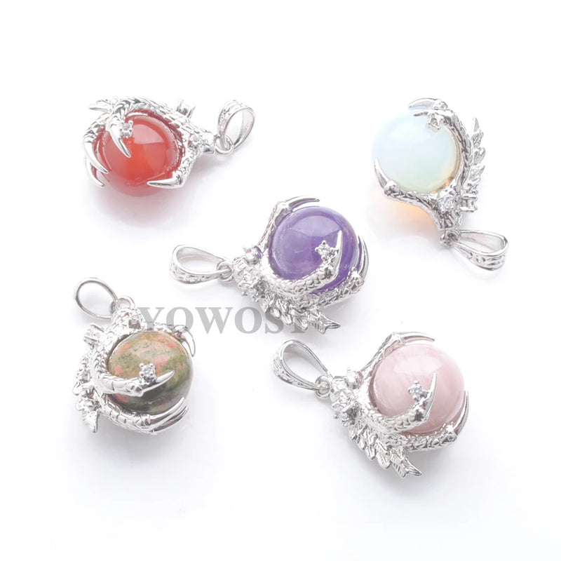 5Pcs Mixed Stone Pendants Round Ball Bead Dragon Claw Crystal Reiki Chakra