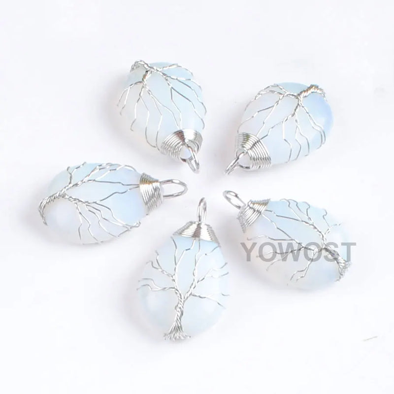 5Pcs Water Drop Tree of Life Pendants Necklace Opal Stone Reiki Jewelry