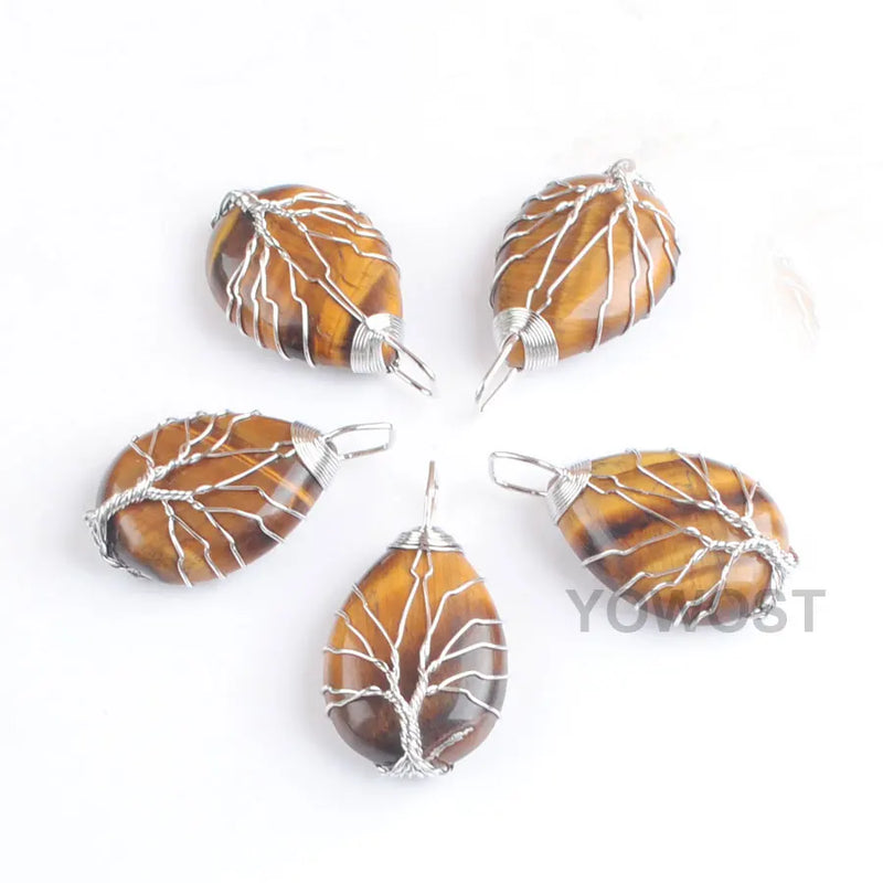 5Pcs Water Drop Tree of Life Pendant Necklace Tigers Eye Stone Reiki Jewelry