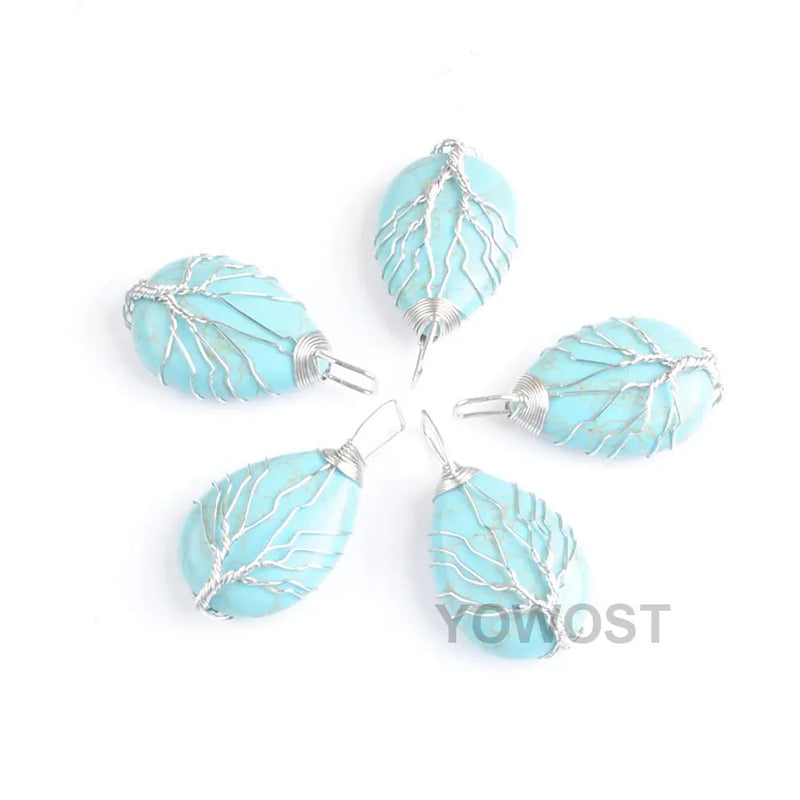 5Pcs Water Drop Tree of Life Pendant Necklace Turquoise Stone Reiki Jewelry