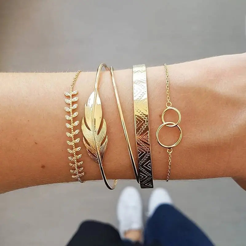 5Pcs Bohemian Moon Leaf Opal Bracelet Set for Women Punk Boho Bangle Gift