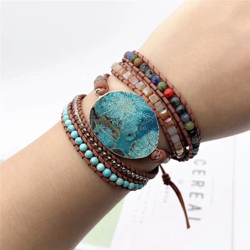 5X Leather Wrap Beaded Bracelet Huge OceanStone Bracelet
