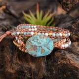 5X Leather Wrap Beaded Bracelet Huge OceanStone Bracelet