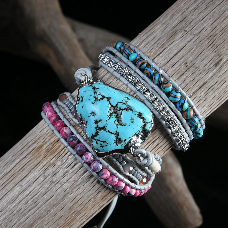 Leather Wrap Bracelet with Natural Stones Chain Beaded Strand Boho Jewelry