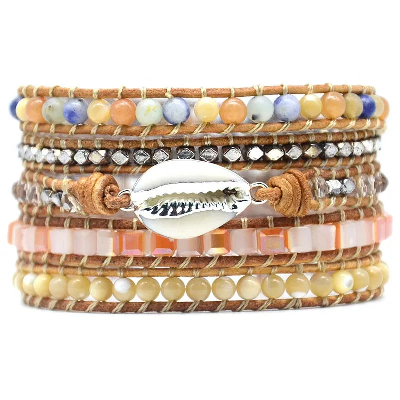 5X Wrap Bracelet Pearl Mix Stone Leather Bracelet with Shell Pendant