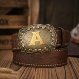 Vintage Western Style Faux Leather Belt with Embossed Letter A