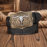Western Cowboy Belt with Bull Skull & Floral Carving