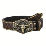 Men's Distressed Vintage Punk Embossed Belt with Bull Head Buckle