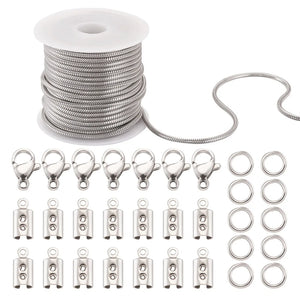 5m Stainless Steel Round Snake Chains Jump Ring Lobster Clasps for DIY Necklaces