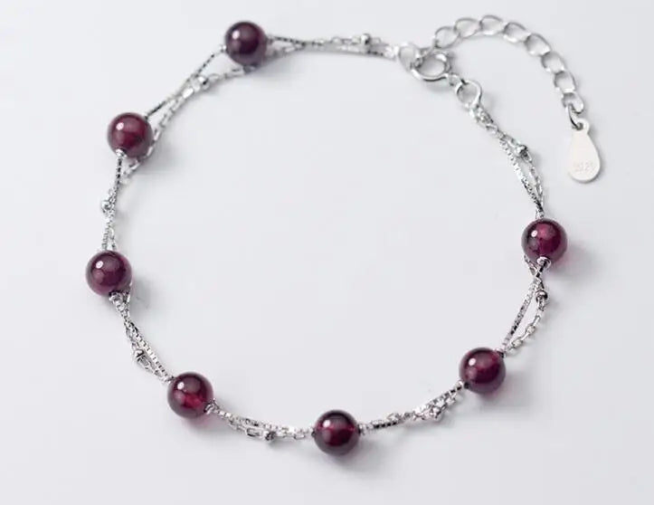 925 Sterling Silver Garnet Stone Chain Bracelet LS652