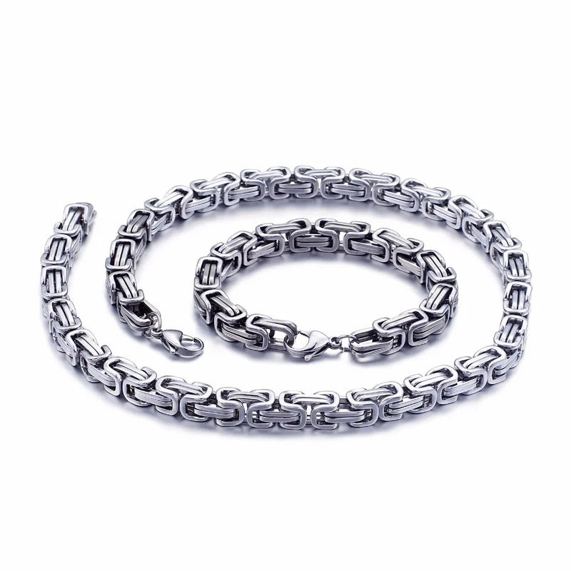 Stainless Steel Byzantine Chain Necklace Bracelet Men's Jewelry