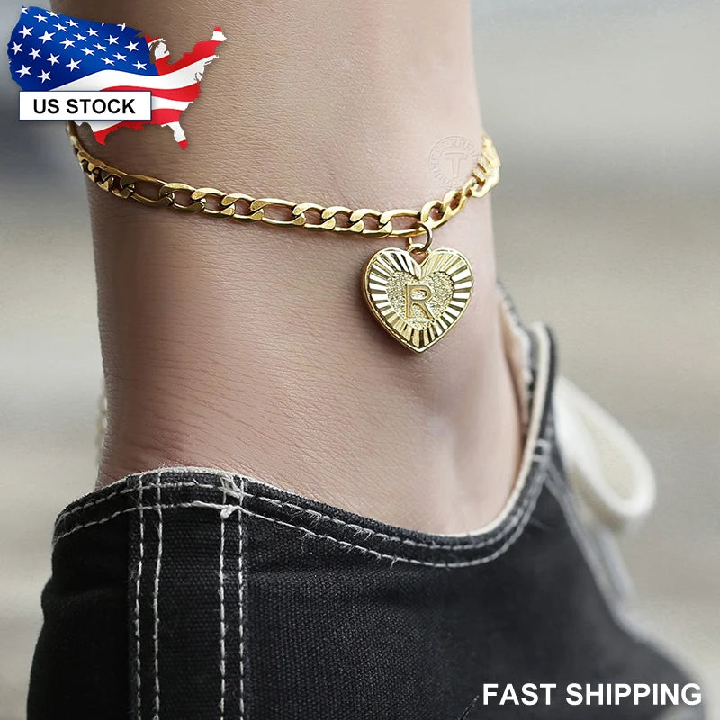 Heart Shaped Anklet Initial A Charm Stainless Steel Anklet