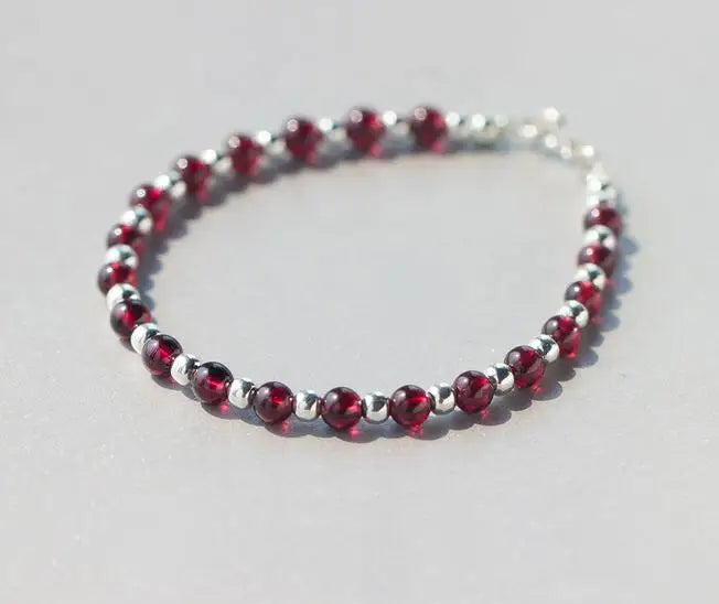 925 Sterling Silver Natural RED Garnet Stone Bracelet with Polished Ball Bead