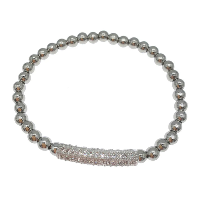 Stainless Steel Beads Bracelet with CZ Bar for Women
