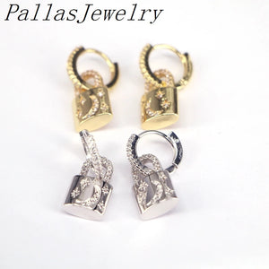 Silver Lock Dangle Earrings CZ Crystal Paved Women's Jewelry