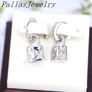 Silver Lock Dangle Earrings CZ Crystal Paved Women's Jewelry
