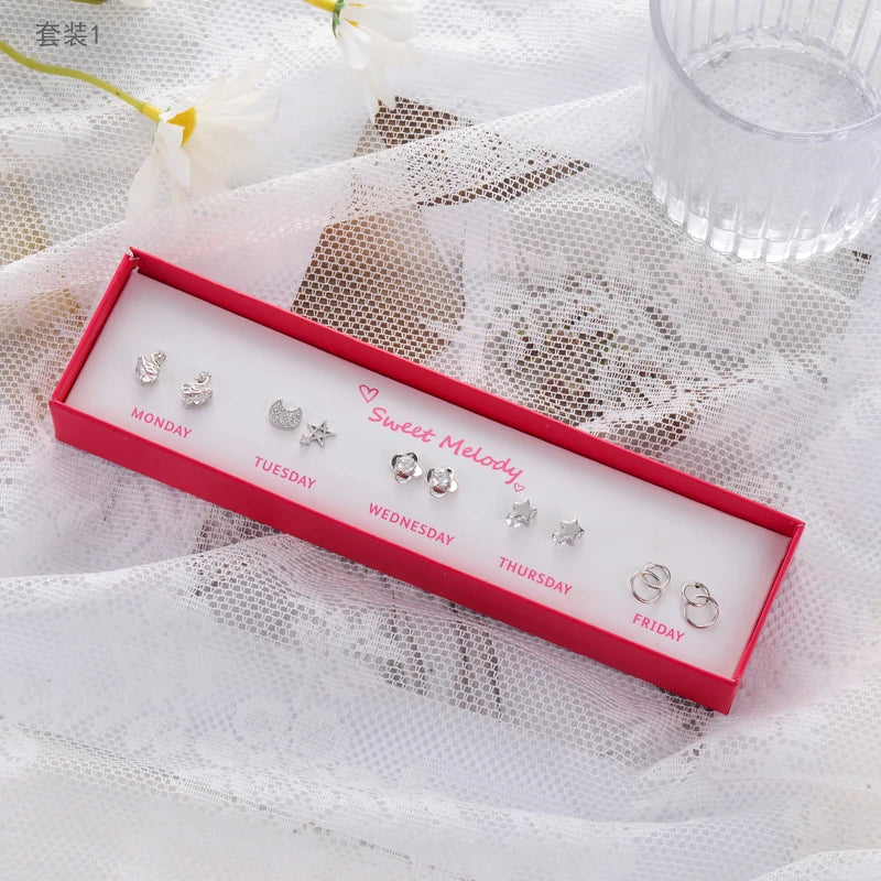 5pairs S925 Silver Stud Earrings Set Star Moon Tassel Jewelry