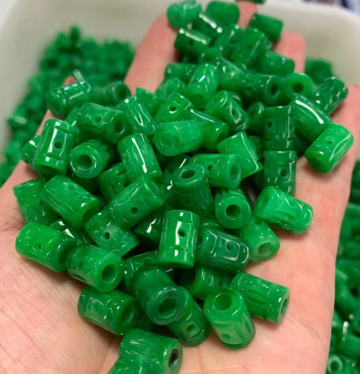 5pc Natural Emerald Green Jade Carved Lucky Hollow Money Bead Pendant